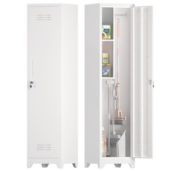 65 Metal Broom Storage Cabinet with Hooks, Narrow Cleaning Cabinet for Utility Room, Heavy-Duty Steel Lockable Storage for Garage and Laundry