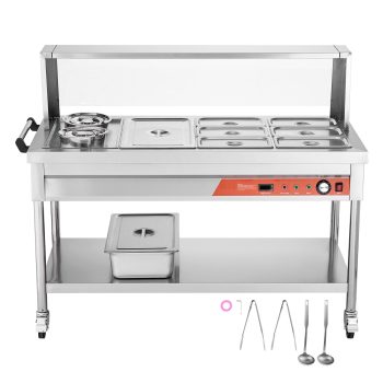 KFFKFF Commercial Electric Food Warmer with 7 Pans and 2 Pots, 1800W Steam Table for Buffet Catering, Stainless Steel Server with Shield, Undershelf, and Wheels for Events and Restaurants