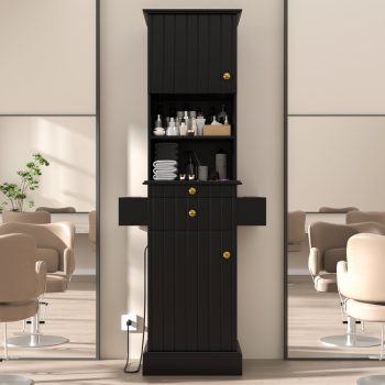 Katalora Black Hair Salon Station with Power Outlet, 72.64" Salon Storage Cabinet with Aluminum Alloy Dryer Holder