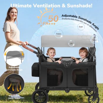 Neche Collapsible Wagon Stroller Seater with 5-Point Harnesses, Canopy, Storage Bag, Adjustable Handlebar, Cup Holders, Grey