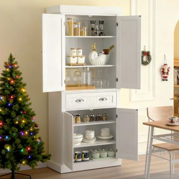 Ktaxon 72" Kitchen Pantry Cabinet with 4 Doors, Large Drawer and 4 Adjustable Shelves, Dining Room Storage Cabinet for Kitchen, Living Room, Home, White