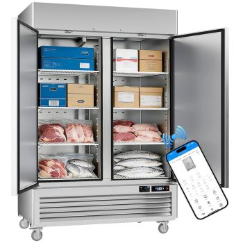 VEECOOL Commercial Freezer Upright WiFi Enabled, 54.4" Solid Door Reach-In Freezer with LED Lighting, APP Control Fan Cooling, R290, Stainless Steel, 49 cu.ft. Capacity, ETL&ETL Sanitation