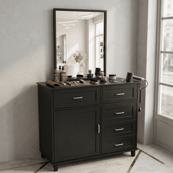 Salon Station with Metal Frame Mirror, Barber Cabinet with Wall-Mount or Cabinet-Mount Mirror, Styling Station with Drawers & Storage Cabinet for Hair Salon, Barber Shop, Beauty Spa, Black