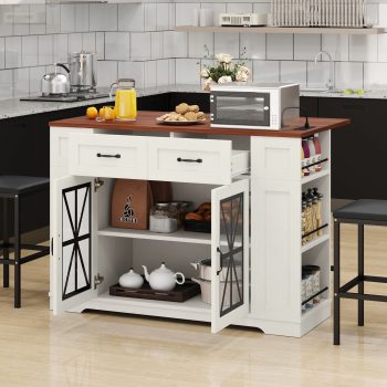 Uforic Kitchen Island Table with Seating & Drop Leaf, Kitchen Island with Storage & Wheels, Off-White