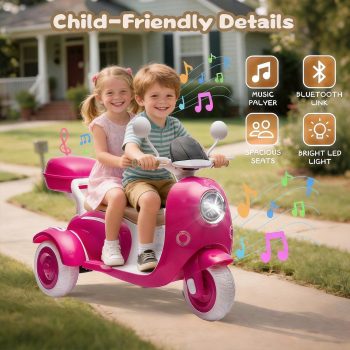 Track Seven 12V Ride on Motorcycle, 2-Seater Electric Motorcycle with Dual Motor, 3 Wheels Motorbike with Bluetooth, LED Lights, Storage Box, Front Hook, Ride on Toy Car for Boys Girls Aged 3+