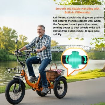 Narrak Electric Tricycle for Adults, 3-Wheel Fat Tire Step-Thru, Peak 1100W, 624Wh Removable Battery, Large Cargo Baskets