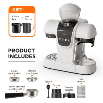 19‑Bar Italian Espresso Machine with Conical Burr Grinder, Steam Milk Frother, 27.05oz Water Reservoir, Dual‑Boiler System, Makes Cappuccino, Latte, Iced Coffee & Americano