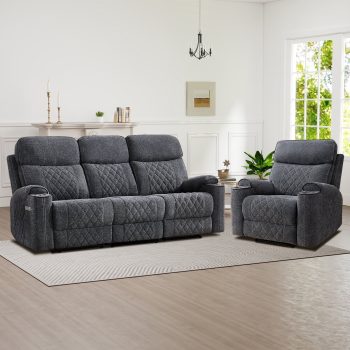 Bonzy Home Power Reclining Sofa Set — Fabric Electric Chair and 3 Seater Sofa Couch with Cup Holders, USB & Type-C Charging Ports and Hidden Storage, 4 Seats, Grey