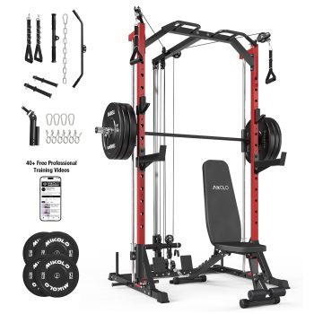 Mikolo Smith Machine Home Gym, 7-in-1 Multi-Function Squat Rack with Cable Crossover, 1000LBS Workout Station with Weight Bar and Accessories