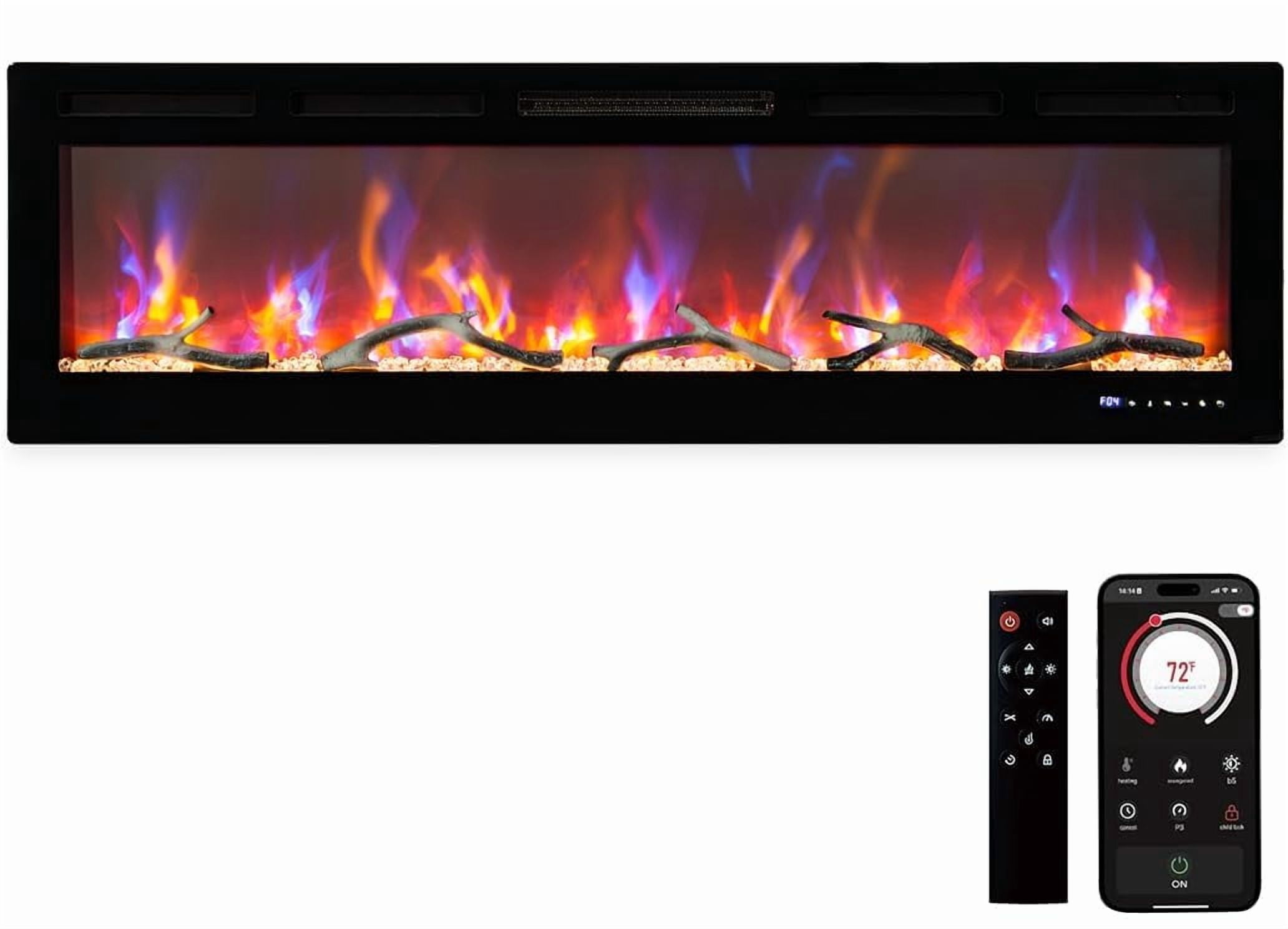 80 Inch Smart Linear Electric Fireplace Heater, Wall‑Mount or Recessed In‑Wall, WiFi Alexa Voice Control, 750/1500W Dual Heating, 12‑Color 3D LED Flames, Touch & Remote Control, Timer, Log & Crystal
