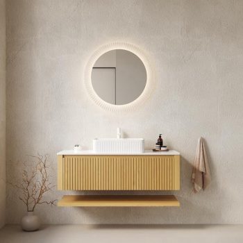 FFZ 48 inch Wall Mounted Bathroom Vanity with Ceramic Basin and Sintered Stone Countertop, Golden Oak