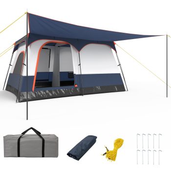 Gymax 8-Person Camping Tent with Porch Large Family Cabin Tent w/ 2 Rooms 2 Doors Blue