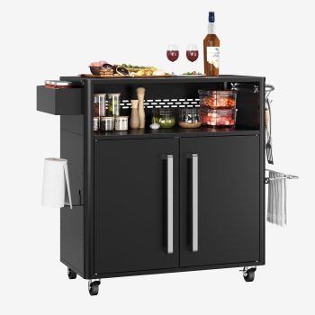 Outdoor Kitchen Grill Cart Island with Double-Door Storage 2-Tier Stainless Steel Prep Table Locking Wheels Enclosed BBQ Organizer Portable for Patio, Deck, Backyard Black