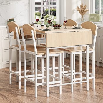 UHOMEPRO Counter Height Table Set of 5, Modern Extendable Kitchen Table Set, Rectangle Dining Room Table Set, Drop Leaf Dining Table and 4 Stools Set for Kitchen Dining Room Nook