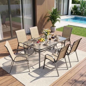 Arlopu 7pcs Patio Dining Table & Chair Set, Outdoor Dining Table with Umbrella Hole & 6 Textilene Chairs for Graden Backyard