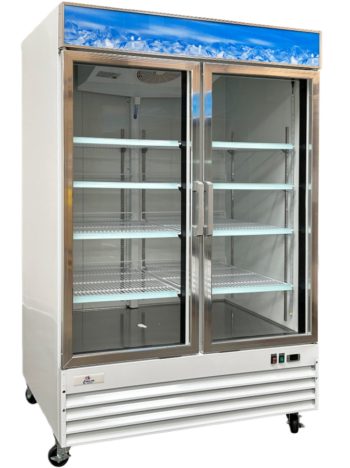 Commercial Reach in Refrigerator, 53" x 33" x 84", 45 Cubic Ft, 2 Glass Door, White Stainless Steel exterior, NSF Certified