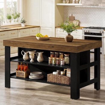 Tribesigns Kitchen Island with Storage and Seating, Farmhouse Wooden Island Table for Home Kitchen, Dining Room ( & Brown)