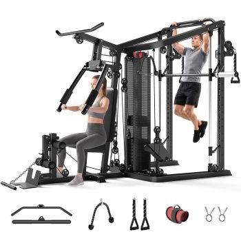 FORGEMUS Smith Machine Power Cage, Multi-Function Home Gym System with 150LB Weight Stack,LAT Station for Full Body Strength Training