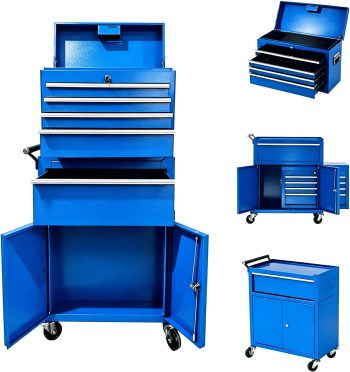 Heavy-Duty 5-Drawer Lockable Rolling Tool Chest and Cabinet – 2-in-1 Detachable Steel Organizer – Portable Top Toolbox, Ball-Bearing Drawers, Storage Cart for Garage, Workshop –