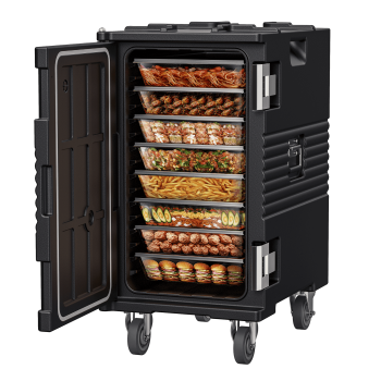 CAMMOO 127QT X-Large Upright Cooler Chest with 304 Stainless Steel Latch, Insulated Food Pan Carrier with Swivel Casters for 8 Full-Size Pans (NOT Included), Black