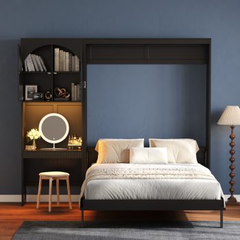 Euroco Wood Queen Size Murphy Bed with Desk and Storage Shelves, Convertible Wall Bed with LED Lights and Drawers, No Box Spring Needed