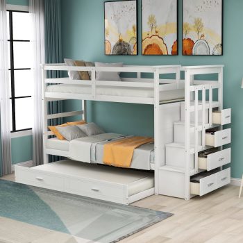 Harper & Bright Designs Bunk Bed with Trundle and Stairs, Wood Kids Bunk Beds with Storage Drawers and Guardrail for Teens Adults