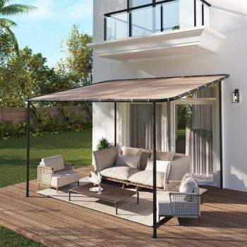 Clouddwell 10×12 FT Wall-Mounted Sloped Roof Outdoor Pergola Canopy, Water-Resistant & UV-Resistant Metal Patio Gazebo for Backyard Garden Porch in Khaki