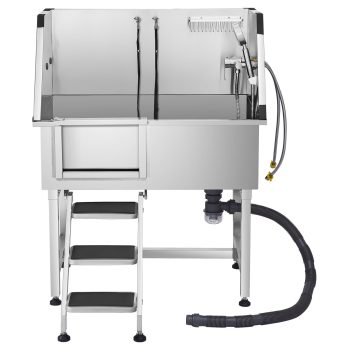 KFFKFF 38-Inch Stainless Steel Pet Grooming Tub with Faucet, Showerhead, and Non-Slip Stairs, Ideal for Washing Small to Medium Cats and Dogs, Left-Side Door Design