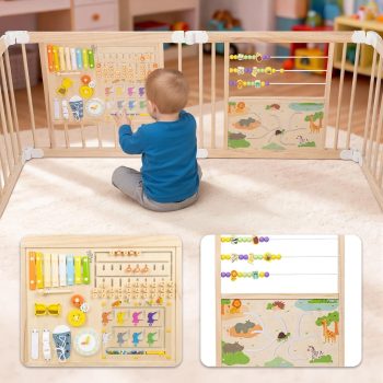 Foldable Wooden Baby Playpen with Gate & 2 Game Boards for Infant Girls & Boys,10+ Toy Set,Adjustable Panel Play Yard Fence for Toddlers,63"x63"x24"