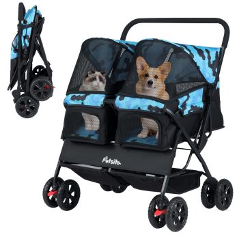 Double Pet Stroller with Adjustable Sunshade, Storage Basket, Safety Leash, Navy