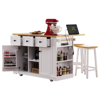Euroco 53" Kitchen Island Cart with Power Outlet and 2 Stools, Rolling Storage Cart on Wheels with Drop Leaf, Door Internal Storage Rack & 3 Drawers