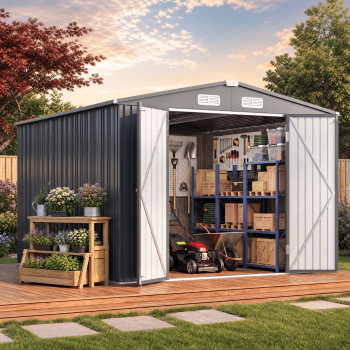 Asofer 10 x 10 FT Galvanized Metal Outdoor Storage Shed, Large Waterproof Garden Tool Shed, Lockable Double Doors & 4 Air Vents, All‑Weather Utility Building for Backyard Patio Lawn, Dark Gray