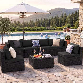 HOYOA 7-Piece Patio Furniture Set, Outdoor Conversation Set, All-Weather Wicker Outdoor Sectional Sofa Set with Table & Cushions,Black