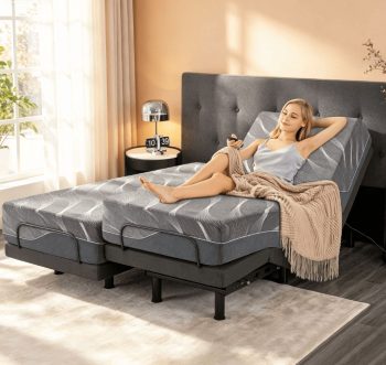 Split King Adjustable Bed Base with Massage & Voice Control, 12" Gray Gel Memory Foam Medium Firm Mattress in a Box, Wireless Remote Smart Adjustable Bed Frame with Thickened Foam Edge Support