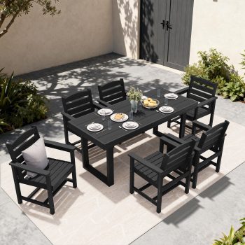 SERWALL Outdoor Patio Dining Set, All-Weather HDPE Table and Chairs, Rectangular Table with Umbrella Hole, Seats 6, Low Maintenance