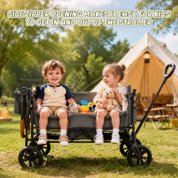 Track Seven Wagon Stroller for 2 Kids, Foldable 2 Seater Wagon with 5-Point Harness, Removable Canopy, Side Zipper Door, All-Terrain PU Wheels, Adjustable Push/Pull Handles & Extra Storage