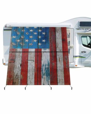 4th of July RV Awning Sun Shade Screen 9'X7' Vintage American Flag Mesh Sunscreen Retro Wood Grain Awning Shade Screen with Zipper UV Blocker Completed Kits Outdoor Canopy for RV Motorhome Camper