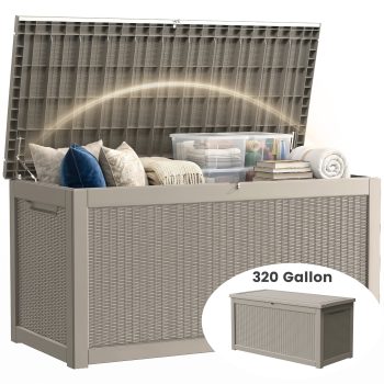Decksplore Outdoor Storage Box, 320 Gallon Waterproof Deck Box, Heavy-Duty Deck Boxes Outdoor Waterproof for Large Cushions, Light Brown