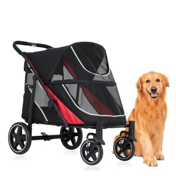 Memoryfield Dog Stroller for Large Dogs, up to 130 Capacity, Foldable Pet Jogger with 11" All-Terrain Wheels, Shock Absorption, Removable Bed & Storage Basket, Red