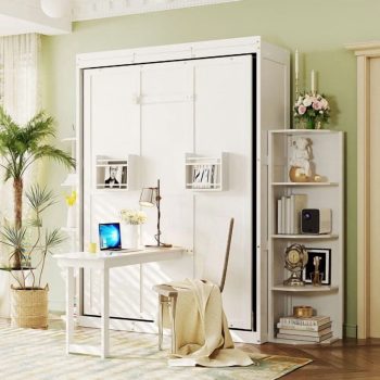 Mintazer Rotating Full Size Murphy Wall Bed with Convertible Desk & Dual Side Bookcases, Multifunctional Murphy Bed with Cabinet for Home Office Bedroom