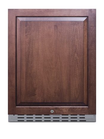 Built-in undercounter ADA-compliant all-refrigerator for outdoor use featuring a panel-ready door, stainless steel cabinet, lock, and digital controls