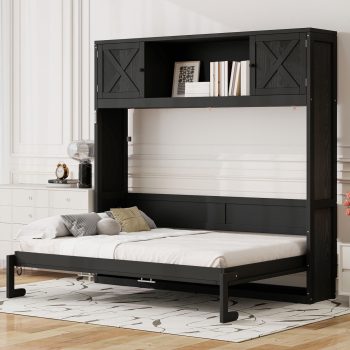 Harper & Bright Designs Full Size Murphy Bed Wall Bed with Storage Cabinets, Cabinet Bed Folding Wall Bed for Guest Room Bedroom Office, Black