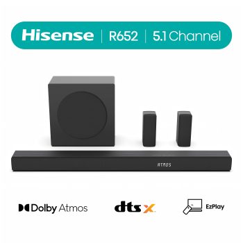 Hisense R652 5.1 440W output, Rear Surround Speakers, 6.5 Wireless Subwoofer Soundbar, Dolby Atmos and DTS Virtual X, Easy Connect