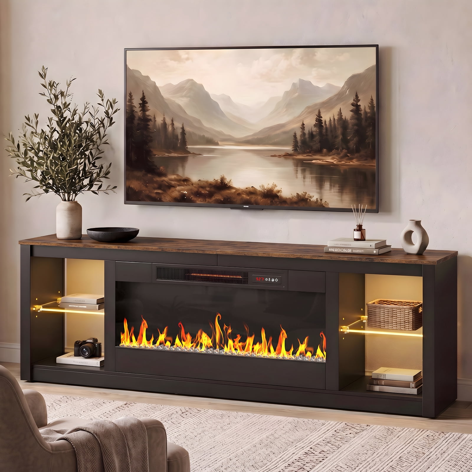 Bestier 70" Fireplace TV Stand for TVs up to 75", Modern Entertainment Center with 36" Electric Fireplace, TV Console with LED Lights and Adjustable Shelves for Living Room