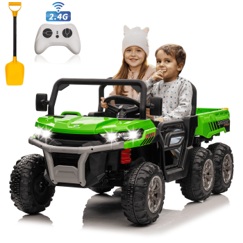 24V Ride on Toys with Remote Control, 2 Seater Electric Powered Ride on Dump Truck, 4WD 6-Wheel Car w/ Tipping Bucket Trailer, Shovel, Suspension, Bluetooth Music, Big Kids