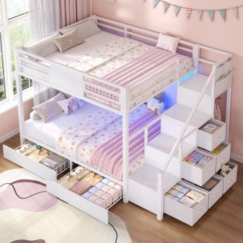 Afuhokles Bunk Bed Full Over Full with Stairs and Dawers, LED Lights Bunk Bed with 2 Storage Drawers and 6 Fabric Drawers