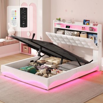 Lift Up Storage Bed Frame with LED Lights, Upholstered Platform Bed with Hidden Storage Headboard and Charging Station, LED Bed with Hydraulic Storage, No Box Spring Needed