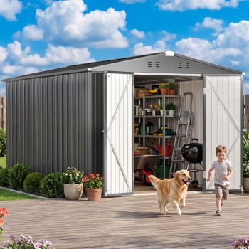 8x 12FT Metal Storage Shed, Large Outdoor Shed with Lockable Double Doors, Heavy Duty Garden Tool Shed with Vents, Grey