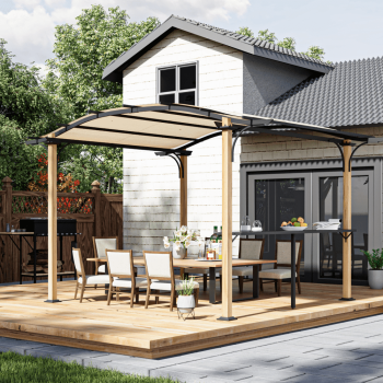 HAPPATIO 10 x 13 FT Arched Outdoor Pergola, Aluminum Frame with Natural Wood Looking Finish, Bar Counter, UV-Proof, for Garden, Deck, Backyard (Beige)