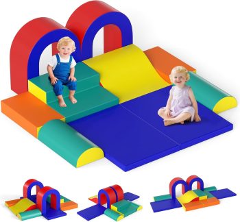 OLAKIDS Toddler Climbing Toys Indoor, 10 Pieces Baby Foam Blocks Soft Play Set with PU Leather, Kids Climb Crawling Activity Gym Playground for 1+ Years